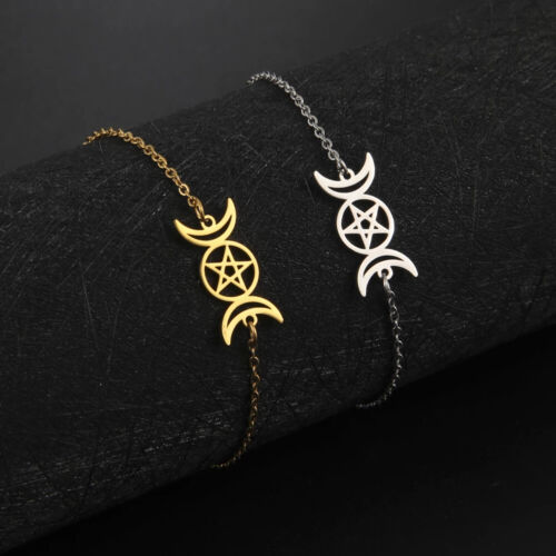 Amaxer Triple Moon Bogini Pentagram Bransoletka Wicca Stal nierdzewna Biżuteria Prezent - Zdjęcie 1 z 7