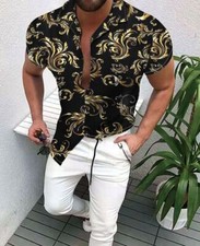 Button Down Shirt Men Fashion Black Gold Short Sleeve Floral Dress Up Tee Casual