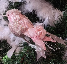 Shabby Chic Victorian Pink Velvet Beaded Bird Pink Rose Christmas Tree Ornament