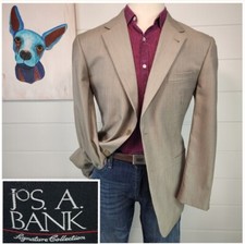 Jos A Bank Signature Mens Two Button Blazer Beige Solid Wool Silk Size 42R