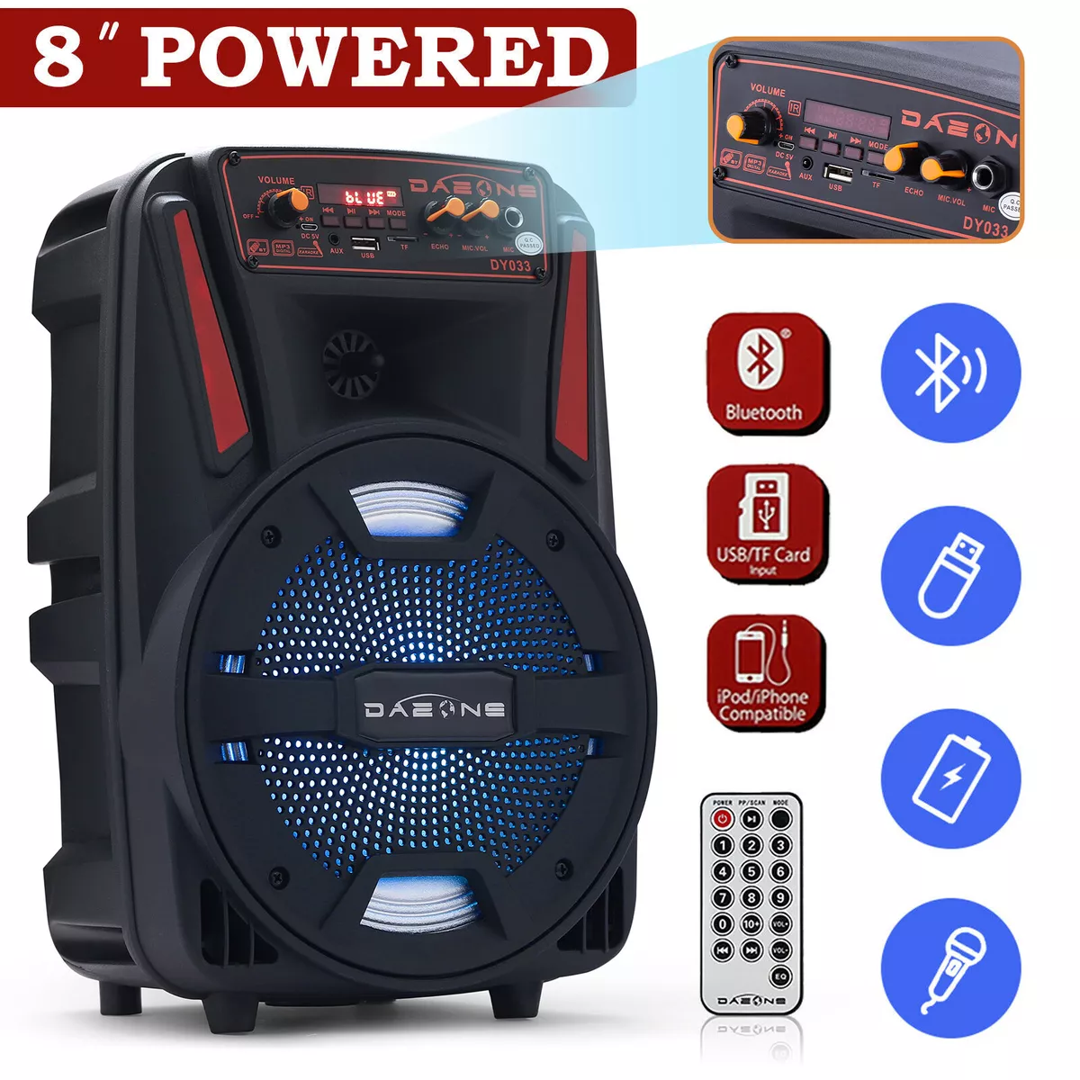 Sistema de Sonido de Altavoces Bluetooth Portátil 8 1000W DJ Fiesta PA  Remoto FM USB LED