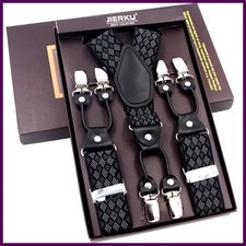 Fashion Suspenders Black leather 6 Clips Braces Vintage Casual Suspensorio.