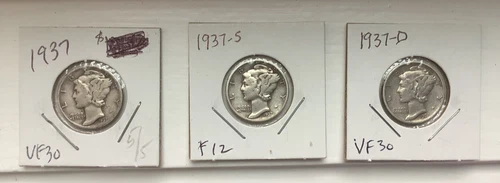 1937 Set-P-D-S  Silver Mercury Dimes (3 coins) Fine-V.Fine circulated condition.