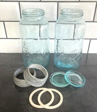Vintage, 2 BLUE 1/2 Gallon, Improved Gem, Canning Jars, Glass Tops, Zinc Lids