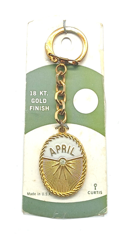 Vintage NOS April Birthstone Diamond 18 kt. Gold Finish Keyring Keychain