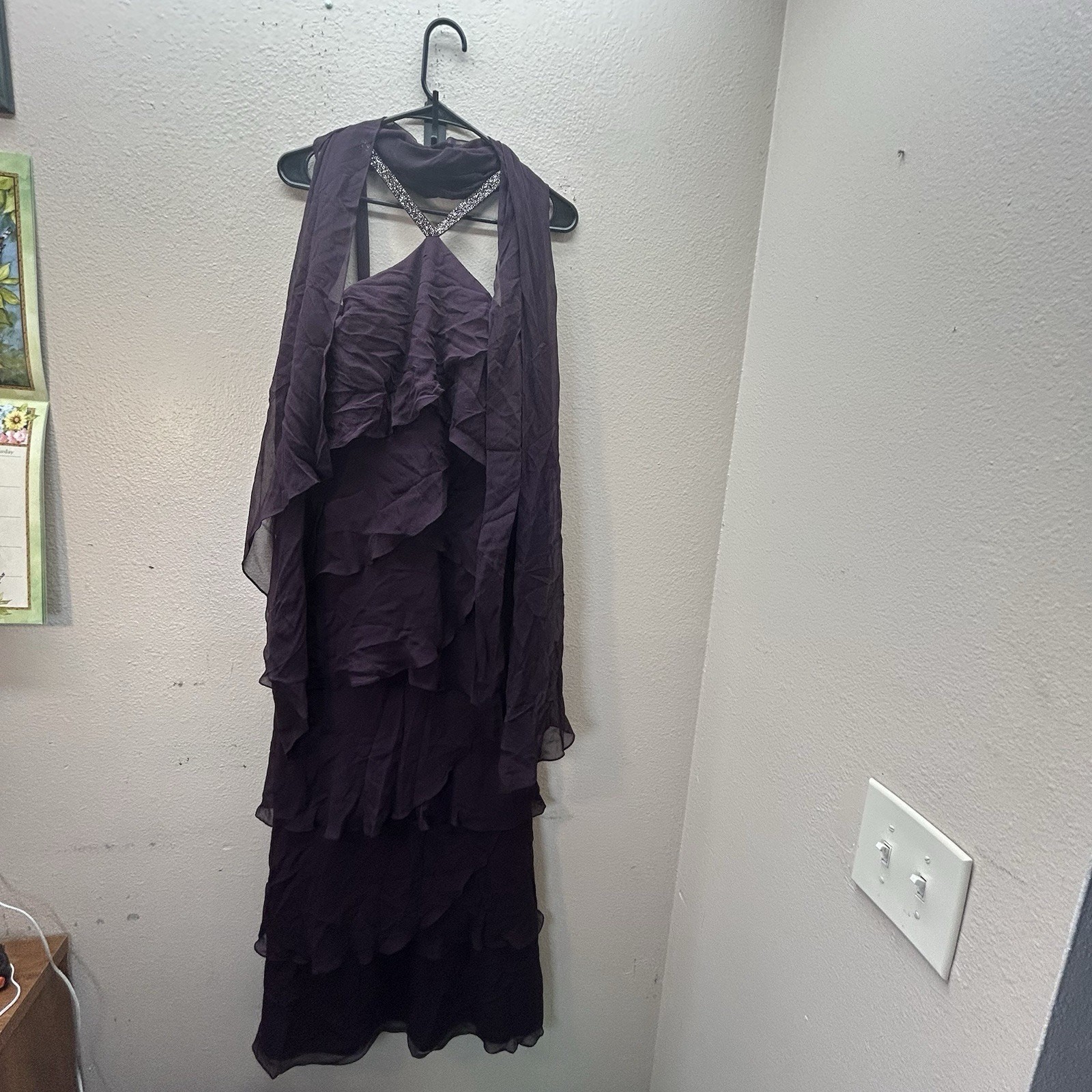 Daymor Couture 3451 Embellished Halter Layered Evening Dress Purple Silk SZ 10