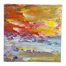 Abstract Landscape Orange Red 3D Original Oil Painting Handmade Wall Art 6 x 6