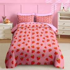 7 Pcs Comforter Set Full Size, Sweet Pink Fruit Bedding for Teen, Cute Strawb...