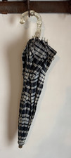 Vtg Umbrella Black  White Plaid Acrylic Carved Handle Rib Tips Wood Shaft 23.5"