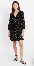Madewell Tie-Waist Mini Dress French Daisies Black Floral Balloon Sleeve S $128