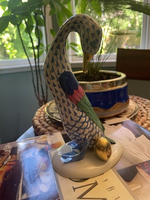Herend Hungary Figurine Blue Fishnet Design Goose with Golden Egg 7.5 