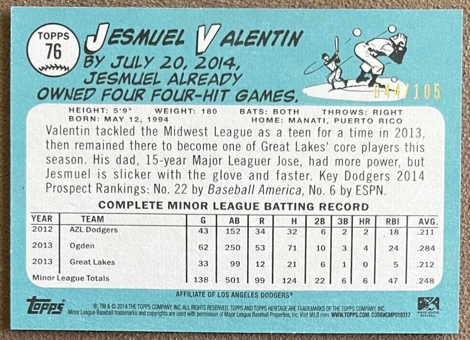 2014 Topps Heritage Minors Black #76 Jesmuel Valentin /105 Numbered Parallel RC - Image 2 of 2