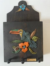 Vintage Wood Wall Key Holder 3D Peacock Cabinet Box Hand Painted Floral Honduras