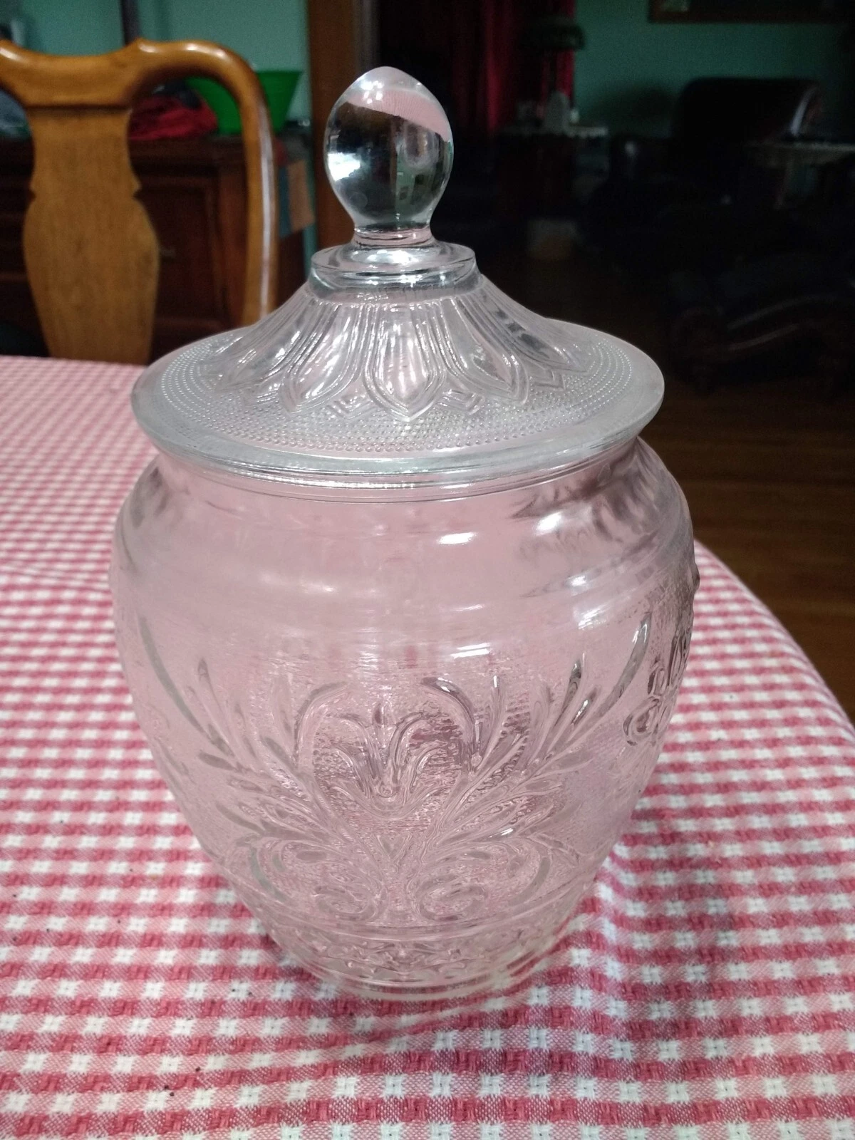 Cookie Jar 10 1/2 tall Anchor Hocking Sandwich Pattern American press cut