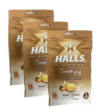 3X HALLS Throat Soothing Honey Vanilla Flavor Cough Drops 3 Bags 90 Total Drops