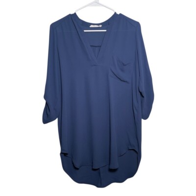 Lush Blouse Women's Small Blue V-Neck 3/4 Sleeve Pocket Lightweight Tunic Top