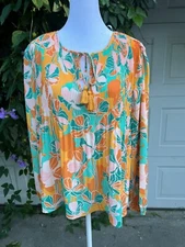 DR2 Peasant Top Blouse Shirt Boho Floral Pleated Green Orange Size XS NWT