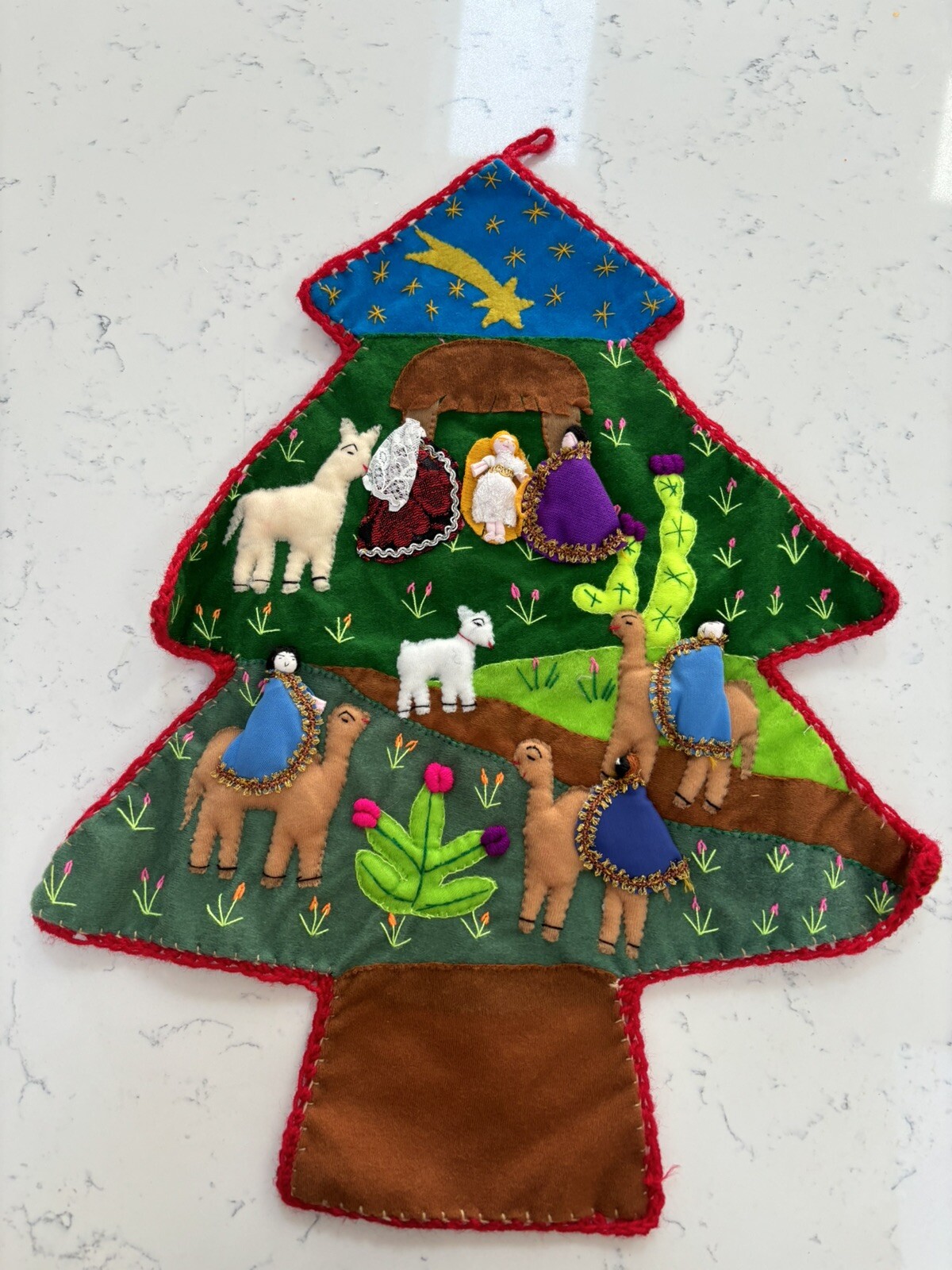 Vintage Handmade in Peru Christmas Tree  Appliqued Patchwork  Nativity Scene