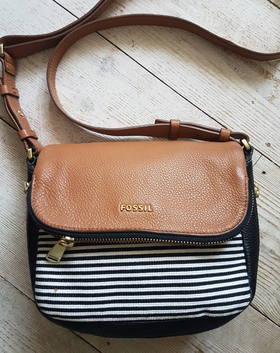 Ladies FOSSIL crossbody bag Tan/ Black striped Leather Flap-over