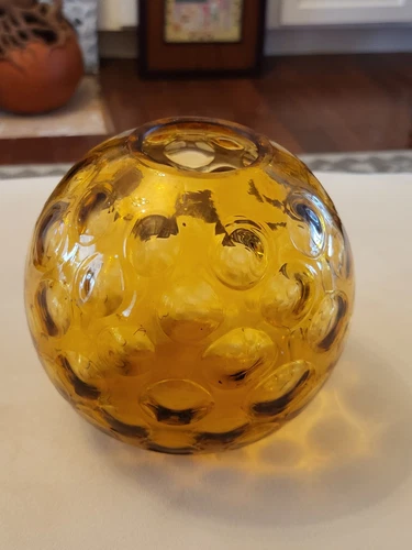 Vintage Fenton Amber Overlay Coin Dot Ivy Ball Vase