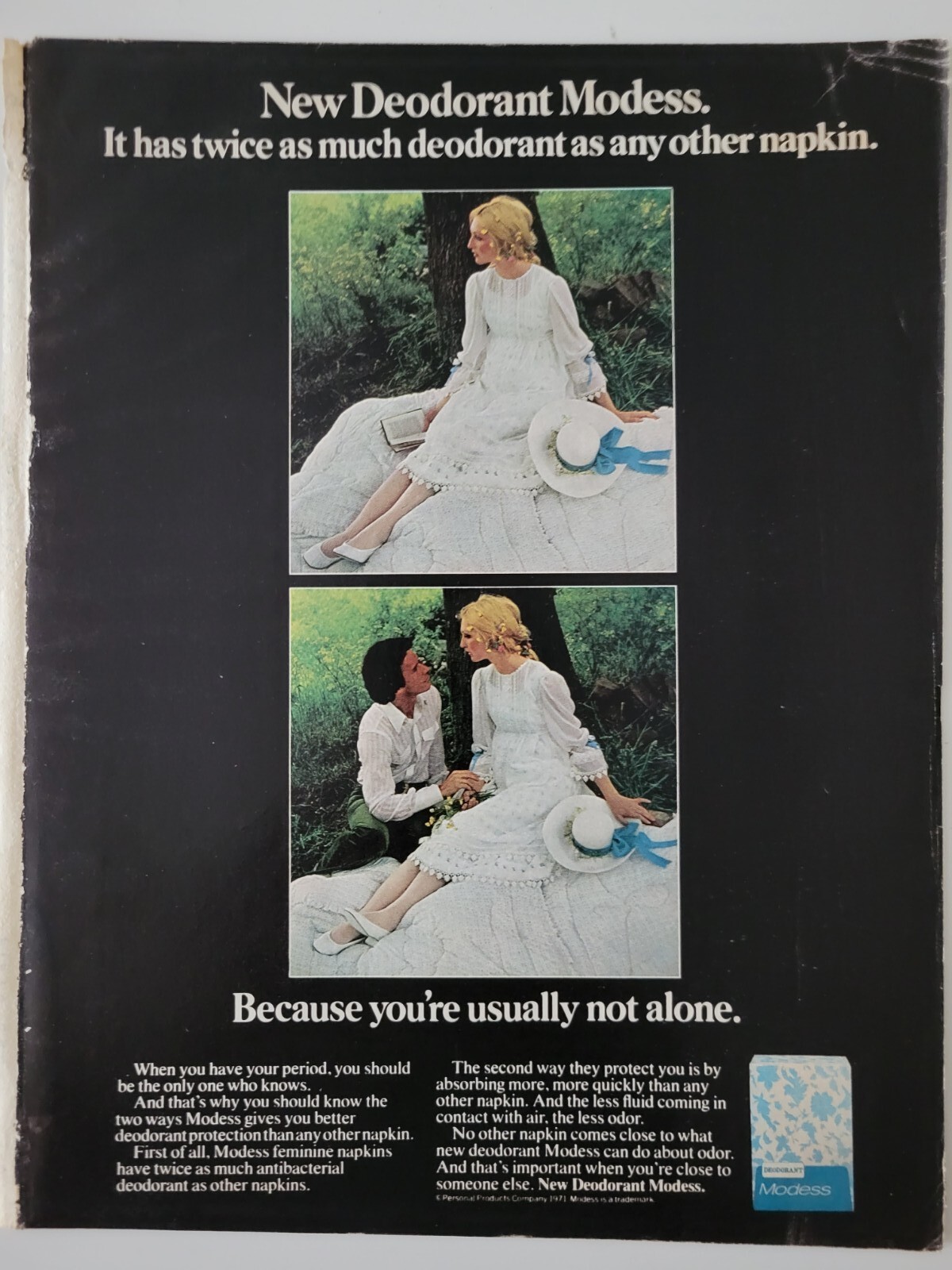 1971 Modess sanitary napkins because you're not alone romantic vintage ...
