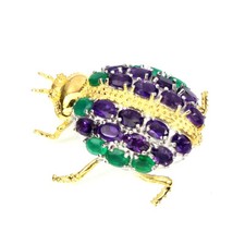 Amethyst & Emerald Green Aventurine Scarab Beetle Ladybug Brooch 14K on Sterling