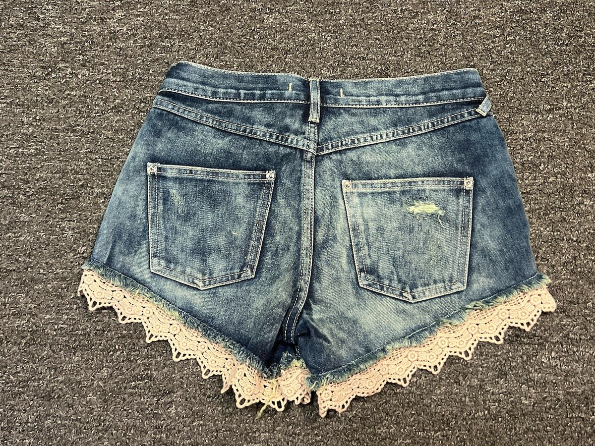 Free People Lace Crochet Trim Denim Blue Jean Distressed Shorts