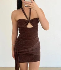 Benni Dress Women’s AU 8 /US 4 Mini Brown Halter Cutout Glitter Stretch Bodycon