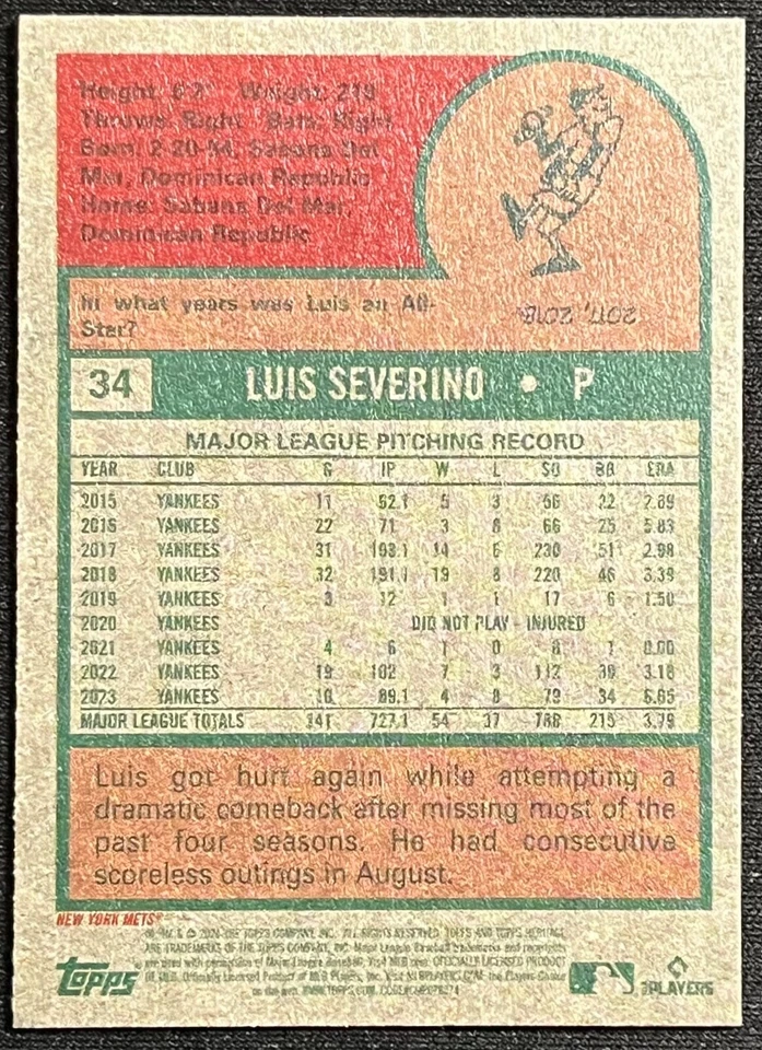 2024 Topps Heritage Mini Short Print Luis Severino #34 - Image 2 of 2