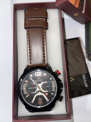 Wishdoit Mens Chronograph Leather Strap Watch Quartz
