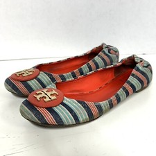 TORY BURCH Reva Printed Canvas Bauer Stripe Ballet Flats Habanero Pepper 8 M