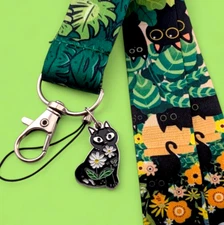 BLACK CATS & HOUSE PLANTS LANYARD flower kitty badge ID neck strap key ring Z1