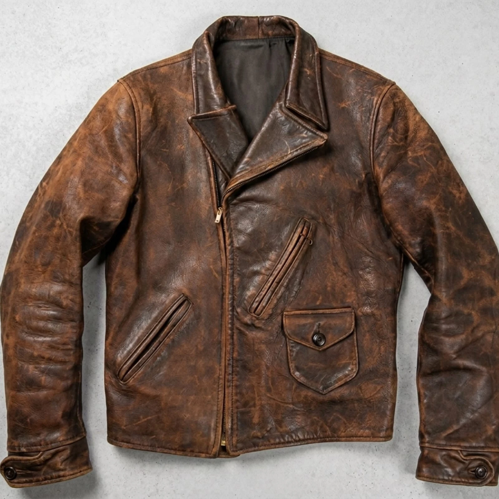 1930s Style Distressed Cowhide Leather Jacket Asymmetrical Vintage Rider Coat - product detail image 14