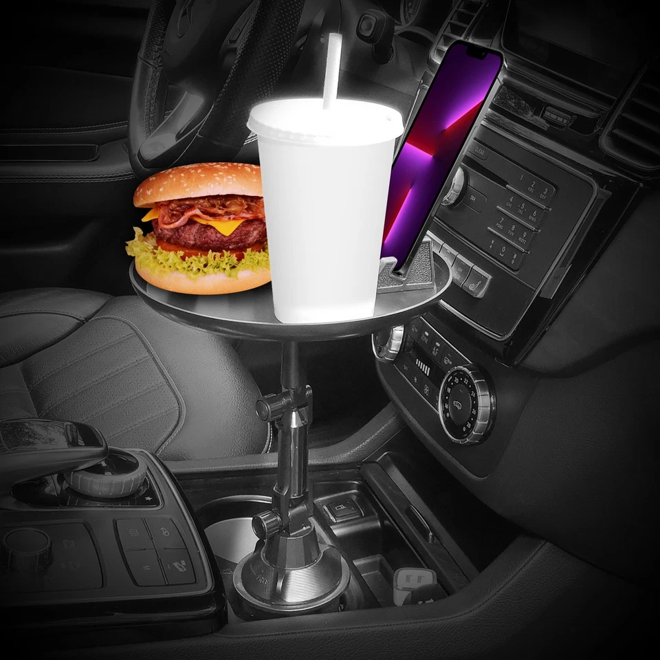 Car Cup Holder Food Tray with Phone Mount 360° Rotating Arm Expandable Base - Image 2 of 4