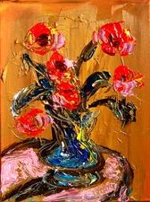 VASE FLOWERS  IMPRESSIONIST  ORIGINAL OIL  PAINTING -ABSTRACT ART G6R8R