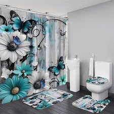 AZHM 4pcs Green Relief Daisies Bathroom Shower Curtain and Rugs Set