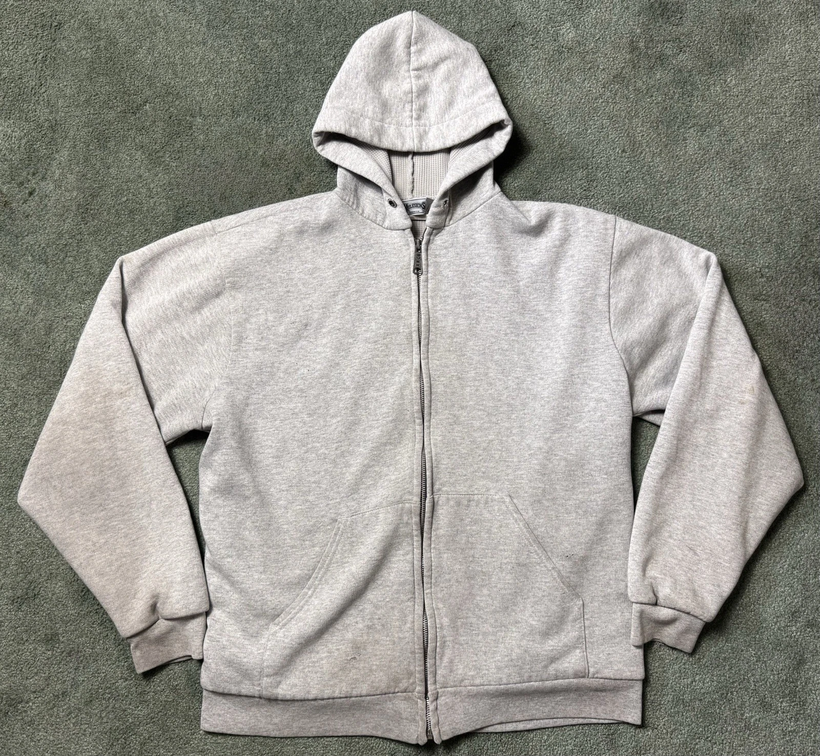 Vintage 80s Muleskins Thermal Lined Hoodie Large Boxy Full Zip Waffle Lined Gray
Opens in a new wind