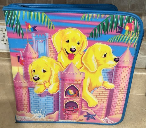 Lisa Frank Welpe Sandburg 90er Vinyl 3 Ringe Reißverschluss Mappe drei goldgelbe Hunde