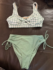 Old Navy Green Gingham Cinched Front Bikini Top w/solid High Waist Tied Bottom M