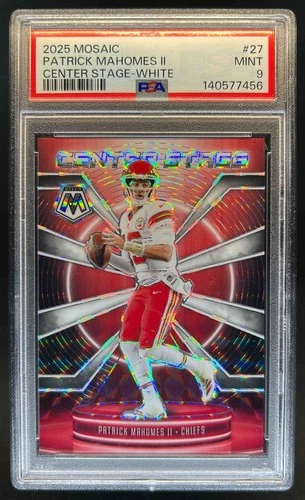 2025 Mosaic Patrick Mahomes II Center Stage White Prizm #/25 Chiefs PSA 9