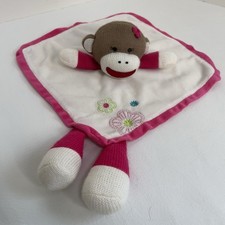 Baby Starters Pink White Girl Sock Monkey Security Blanket Satin Rattle Flowers