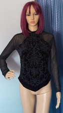 Black Velvet Mesh Beaded High Neck Top Pointed Hem Size M Made in USA