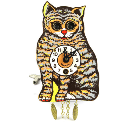 J ENGSTLER Cat Wall Clock Germany Key Winding Moving Eyes Black Forest Tabby Cat