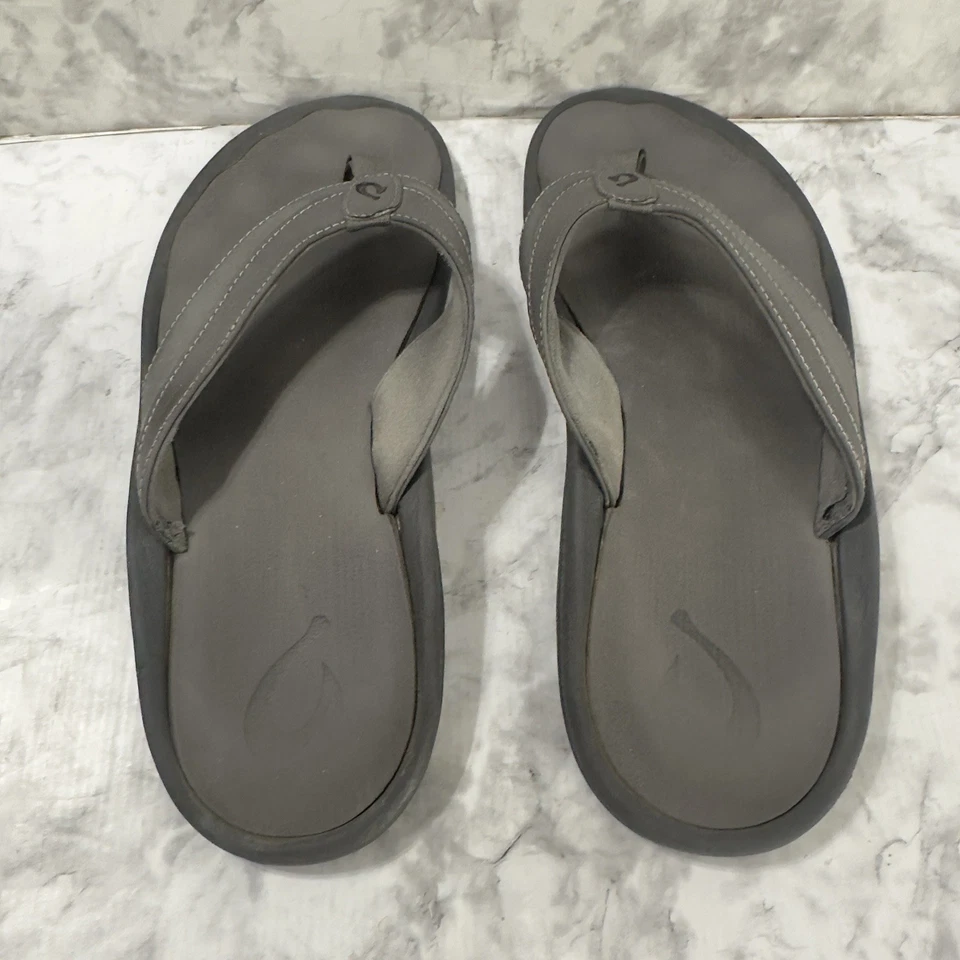 OluKai Ohana Sandals Mens 13 Gray Leather Comfort Flip Flops Outdoor Slides - Image 4 of 4