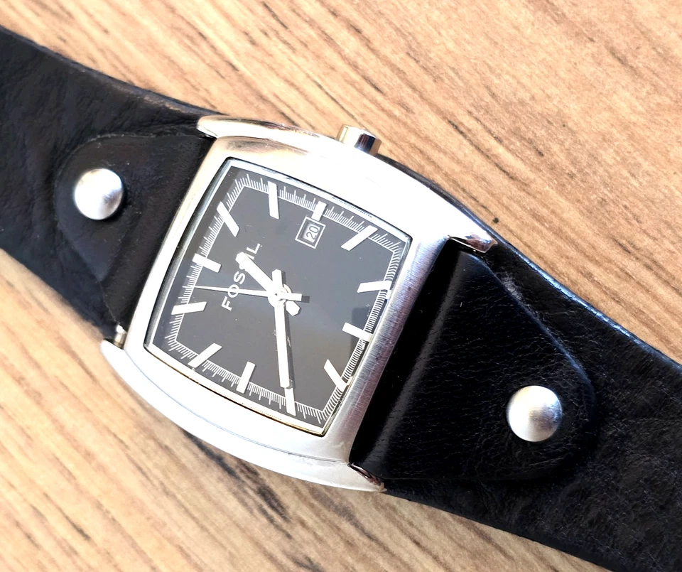 Vintage Fossil Quarzuhr JR-8132 Unisex Silber Leder Bund Armband mit Datum - Bild 4 von 4