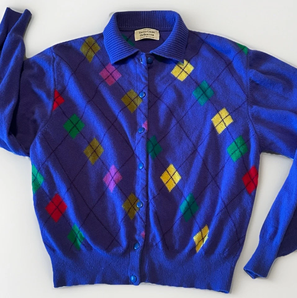 复古 20 世纪 90 年代 BENETTON Preppy Argyle Cardigan Polo 领意大利制造公主 — 第 2/4 张图片