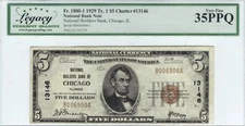 1929 $5 Sm Size National Bank Note Ntl. Builders Bank Chicago, IL Legacy 35 EPQ
