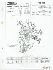 FORD CONSUL Mk1 ZEPHYR Mk1 ZODIAC Mk1 ZENITH CARB SERVICE BULLETIN/PARTS LIST