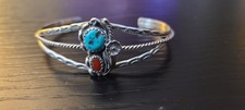 Native American Handmade Turquoise Coral Silver Cuff Bracelet US