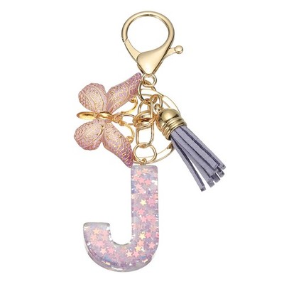 Alphabet J Tassel Butterfly Initial Letter Keychain (Purple, Pack of 1)